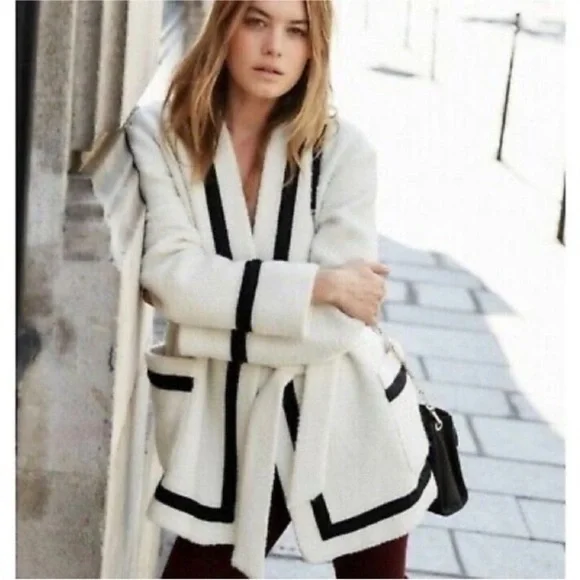 SEZANE Mike wrap Coat black cream cardigan sweater jacket in Ecru size 34 XS